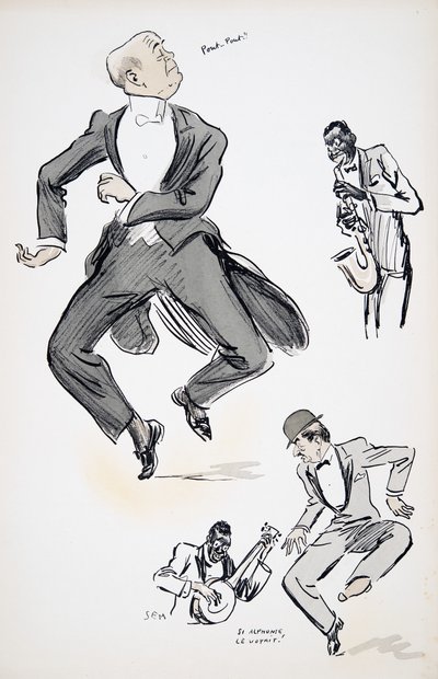Heer in witte stropdas en heer in bolhoed proberen te dansen op jazz, uitgevoerd door twee muzikanten die saxofoon en banjo spelen, uit White Bottoms, uitgegeven 1927 door Sem